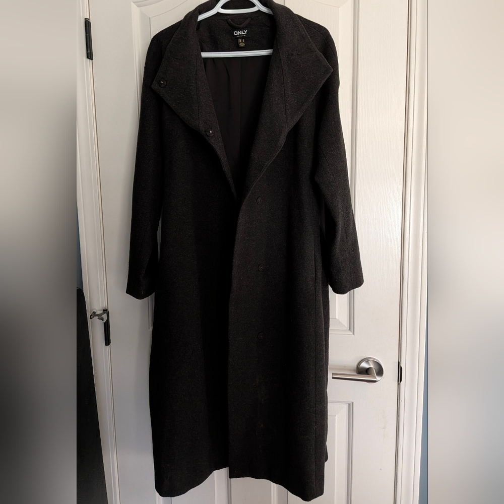 ONLY Charcoal Long Coat With Belt Size Small